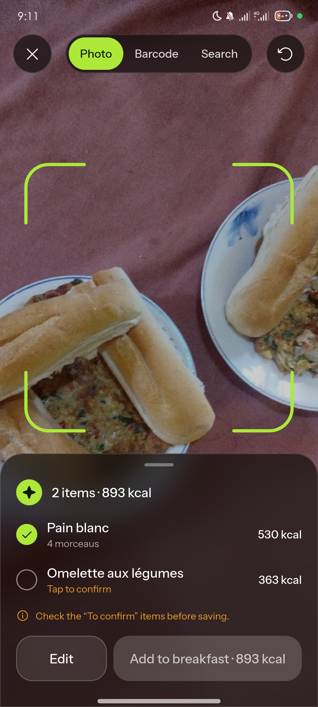 White bread and vegetable omelette – analysis